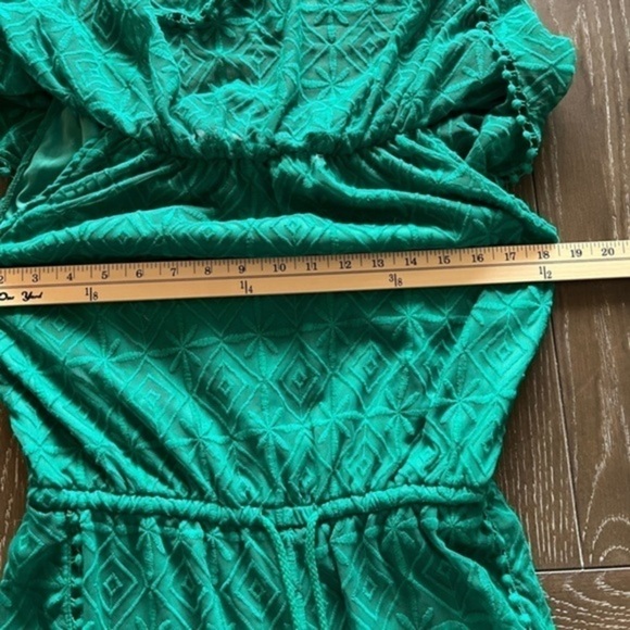 JACK By Bb Dakota Teal Lined Lace Romper With A Waist Ties And Draped Shoulders - Picture 6 of 14